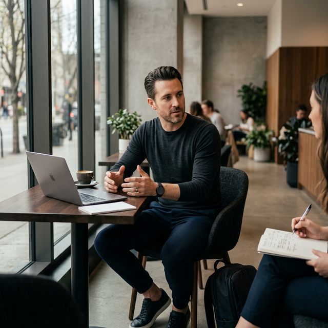 Man in smart casual attire during a focused business meeting at a coffee shop