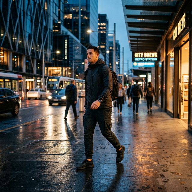 Man walking purposefully through urban streets at twilight